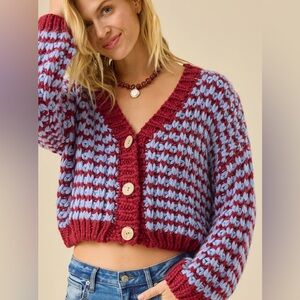 Altar'd State Wine and Light Blue Cropped Cardigan Sweater - Size Large